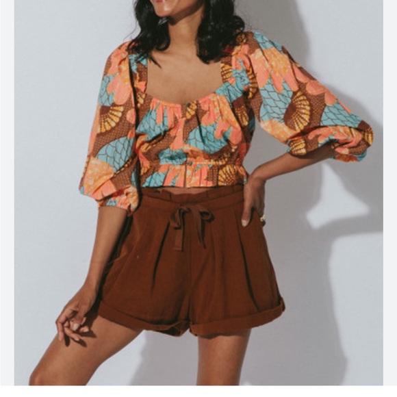 Cleobella Colorful Floral Puff Sleeve cropped blouse women’s size Large NEW - Picture 1 of 13